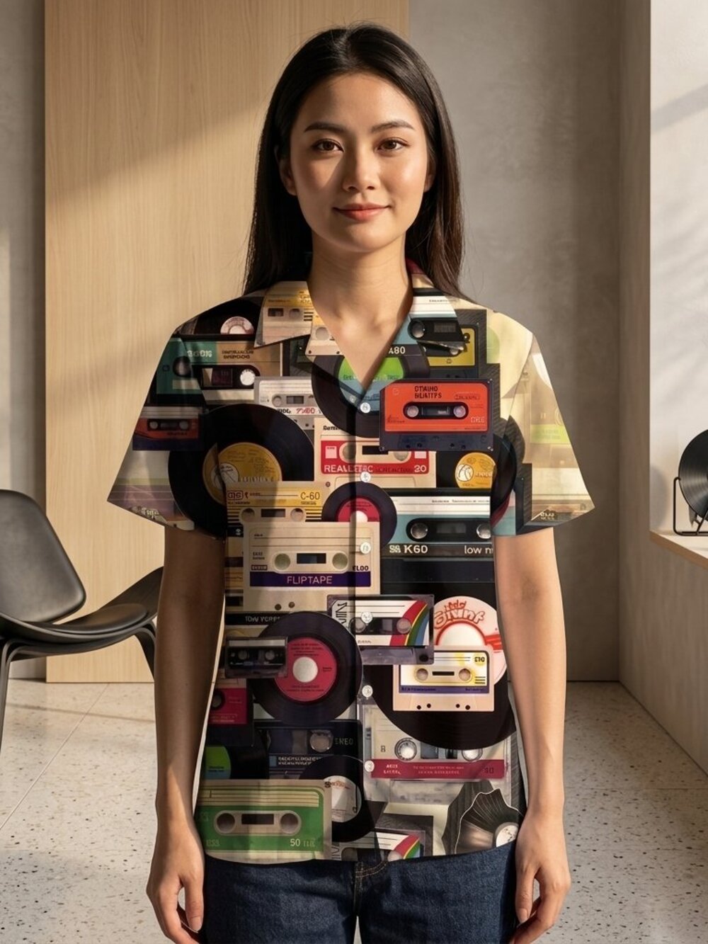 Retro Cassette Collage Shirt • Vintage Music Print Button‑Up • Unisex Casual